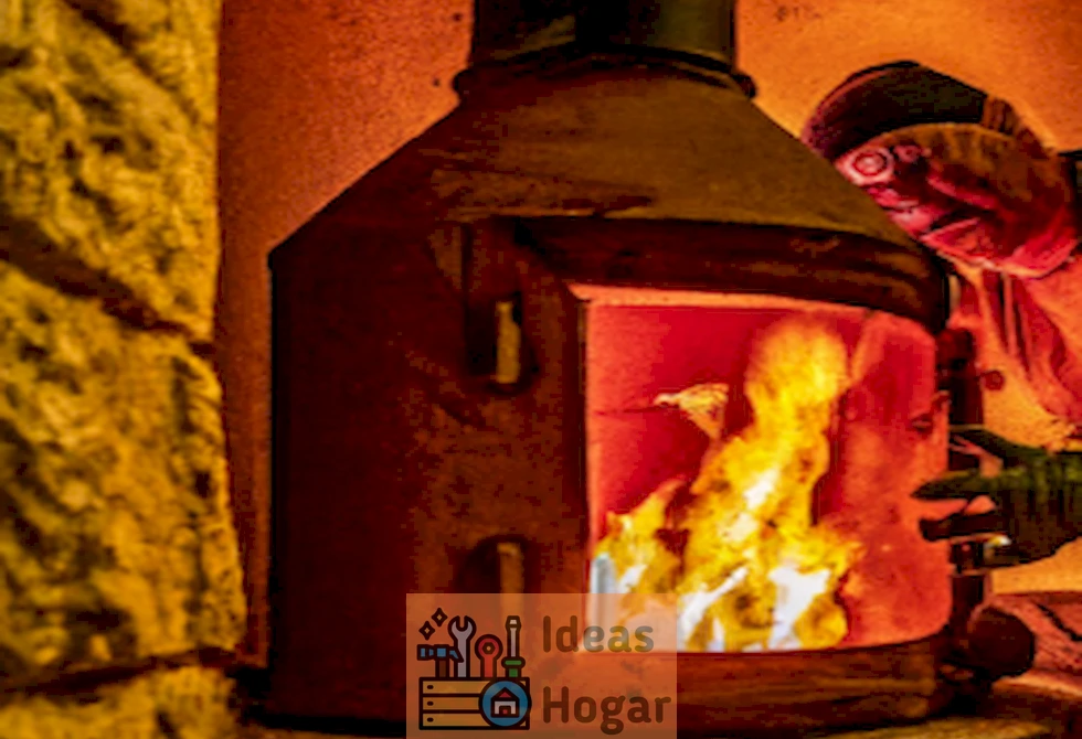 Imagen de una chimenea de leña siendo convertida a gas con un profesional trabajando en ella en el año 2024.