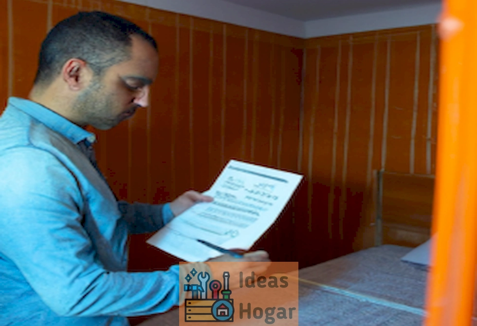 Imagen que muestra a un inspector de apartamentos revisando un dormitorio con una lista de verificación en la mano.