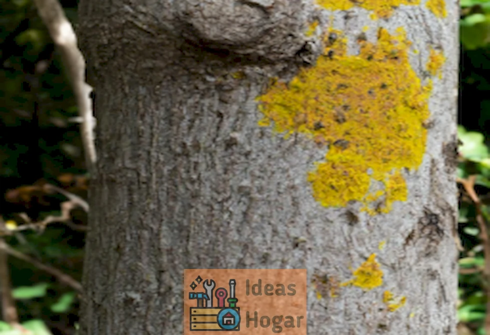 Imagen de un árbol con manchas amarillas en el tronco, afectado por hongos. Medidas para eliminar el hongo amarillo del tronco del árbol.