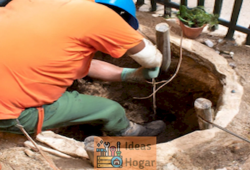 Imagen de una persona cavando un pozo en un jardín urbano con equipo de protección y herramientas adecuadas.