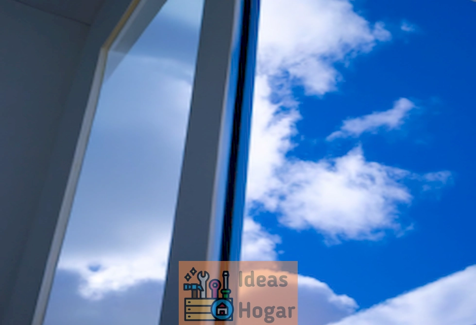 Imagen de ventana exterior limpia y reluciente bajo la luz del sol, reflejando el cielo azul y las nubes blancas