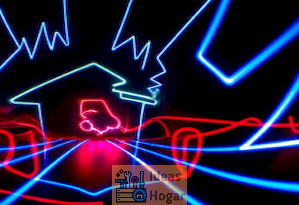 Imagen de una casa con luces parpadeantes al encender electrodomésticos, ilustrando el fenómeno de fluctuación de energía eléctrica.