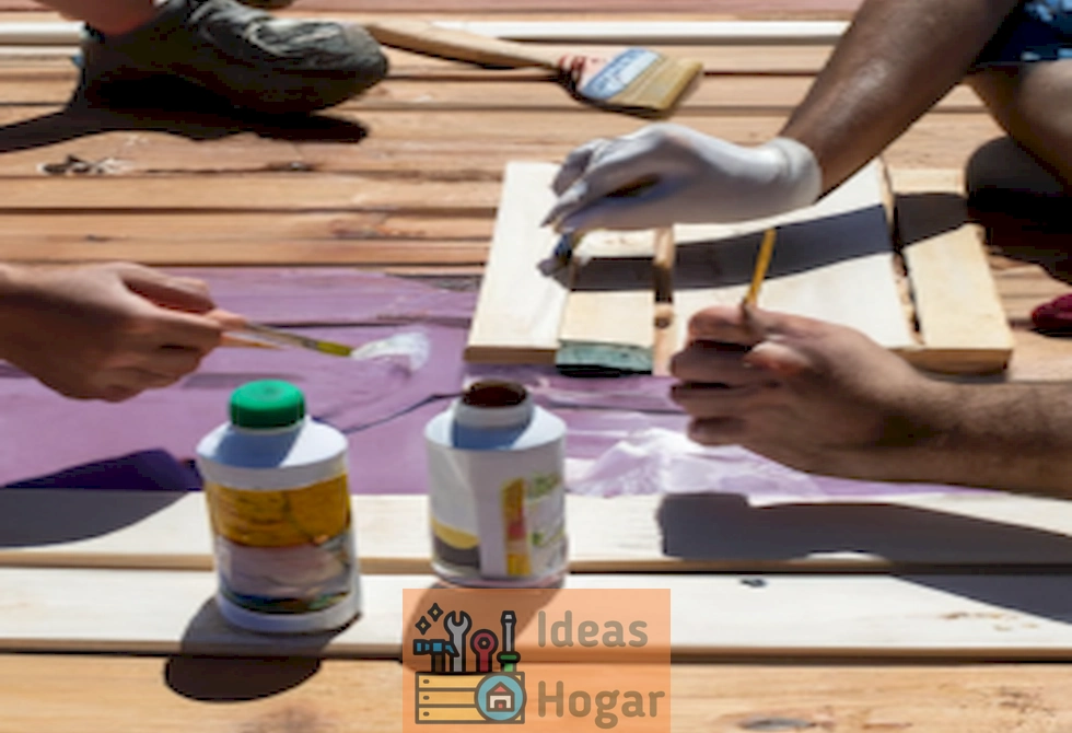 Imagen ilustrativa de personas pintando un deck de madera al aire libre, con material y herramientas necesarias.
