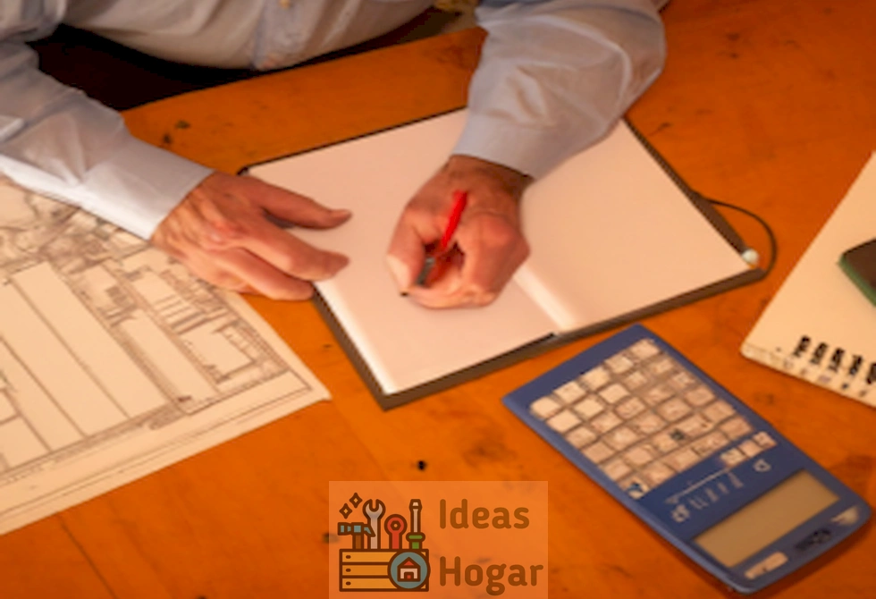 Un contratista revisa sus planos mientras calcula un presupuesto para un proyecto de construcción, con herramientas y una calculadora sobre la mesa.