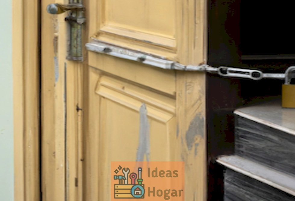 Imagen ilustrativa de una puerta dañada con un presupuesto de reparación en dólares en primer plano.