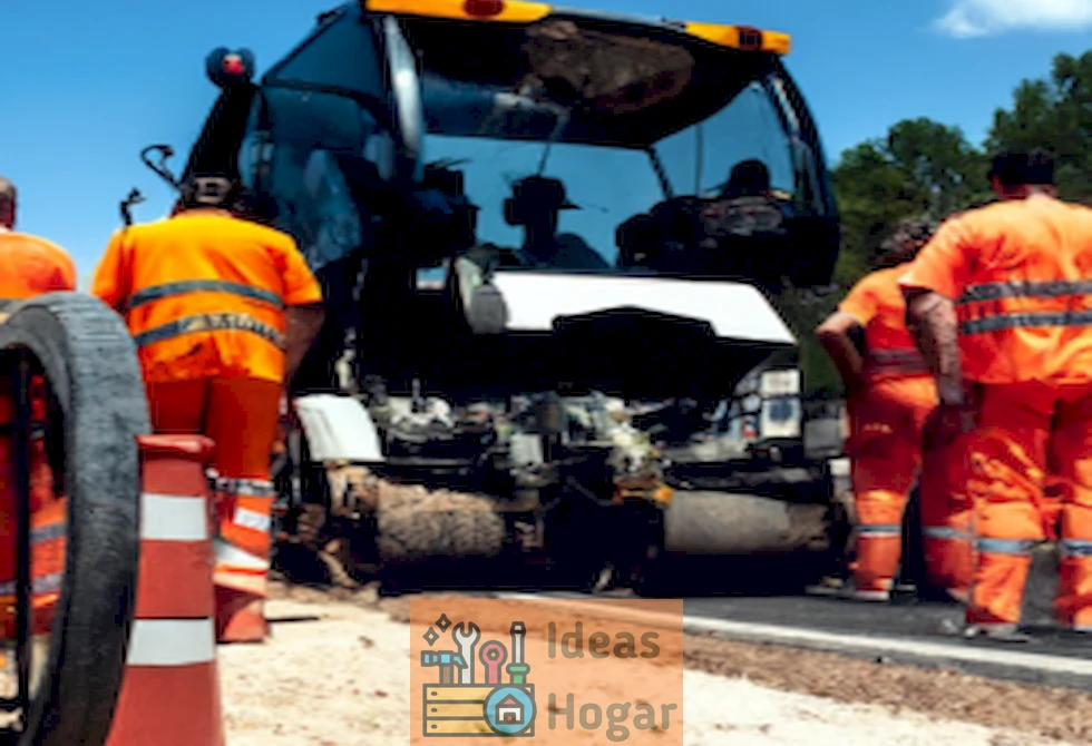 Imagen mostrando una cuadrilla de trabajadores reparando una carretera de asfalto con maquinaria especializada en el año 2024.